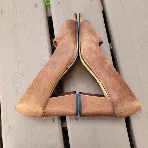 Vintage 90s y2k Fashion Bug Brown Satin Open Toe Chunky Formal Glam Heel Pumps 9 - Picture 2 of 8